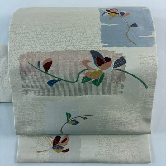 名古屋帶 秀品級 破裂色紙 草花紋紋 金金箔 刺繡 米色 純蠶絲