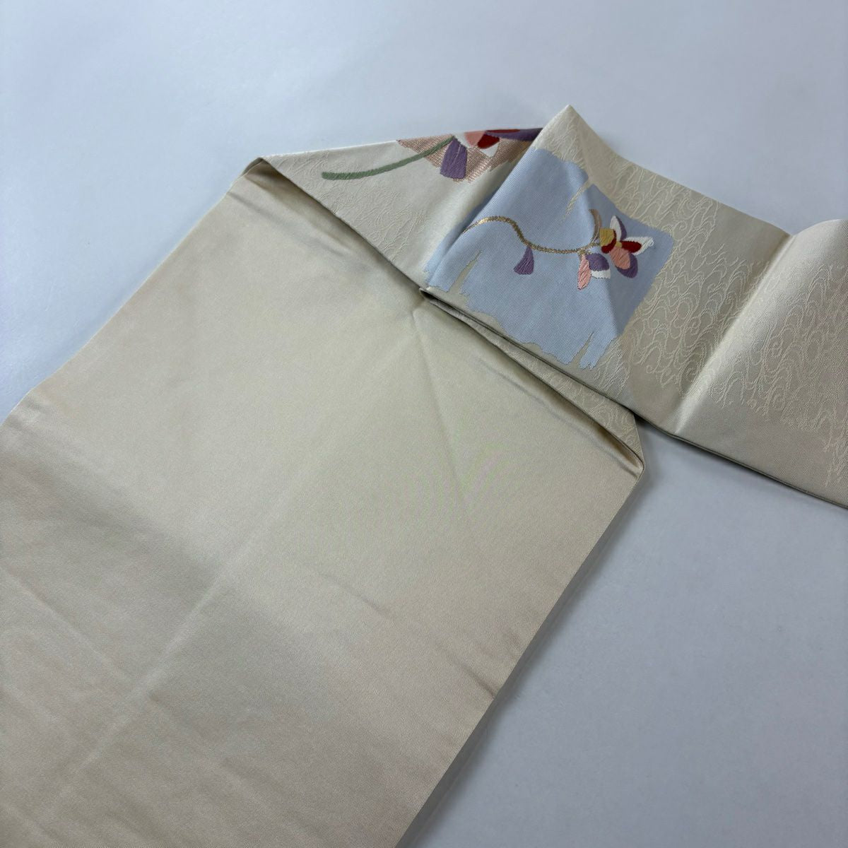 名古屋帶 秀品級 破裂色紙 草花紋紋 金金箔 刺繡 米色 純蠶絲