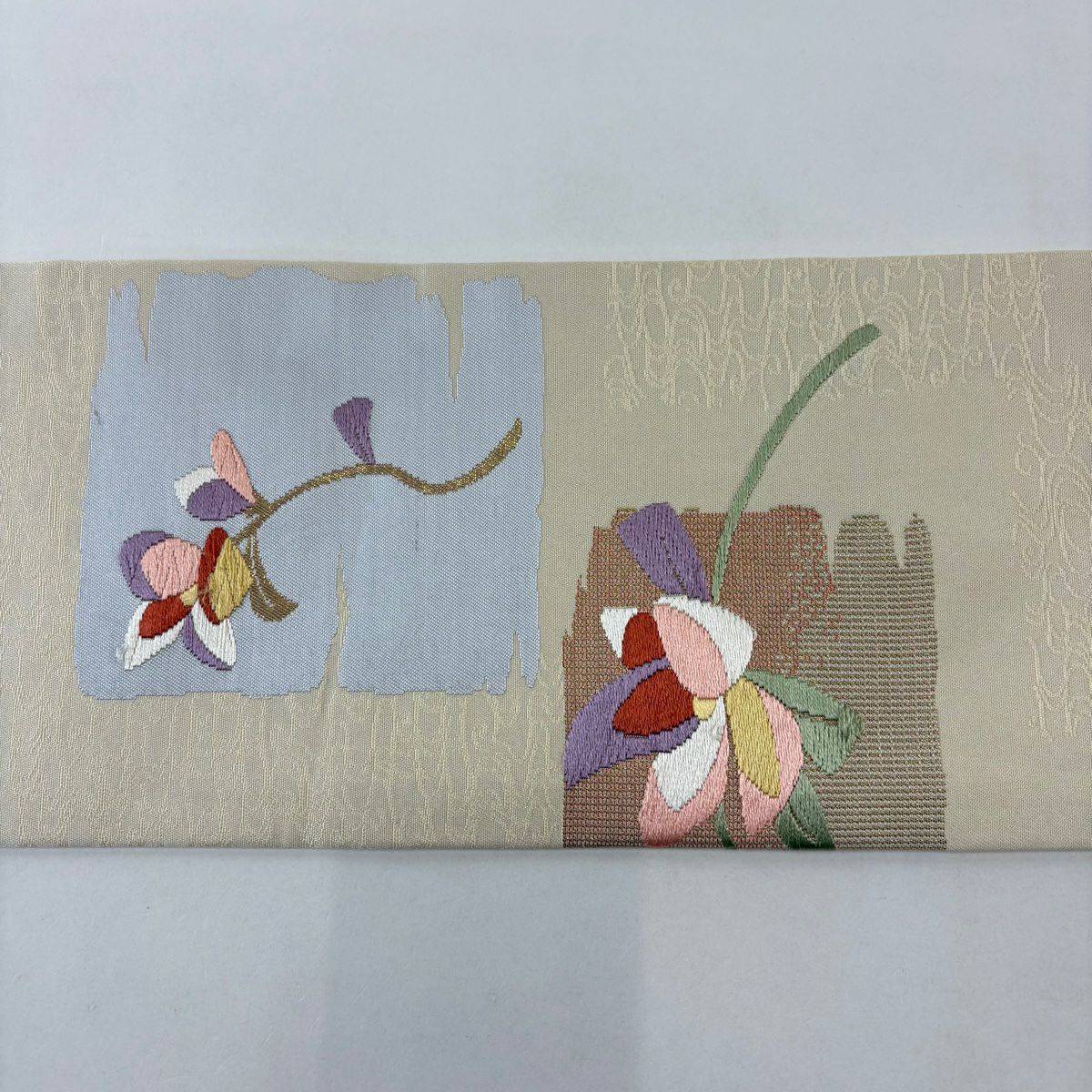 名古屋帶 秀品級 破裂色紙 草花紋紋 金金箔 刺繡 米色 純蠶絲
