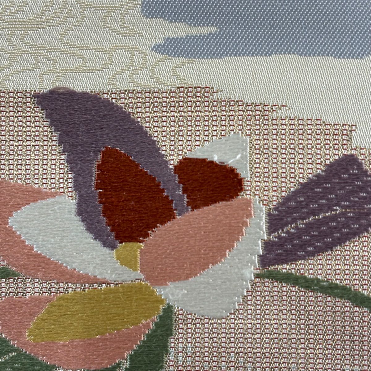 名古屋帶 秀品級 破裂色紙 草花紋紋 金金箔 刺繡 米色 純蠶絲