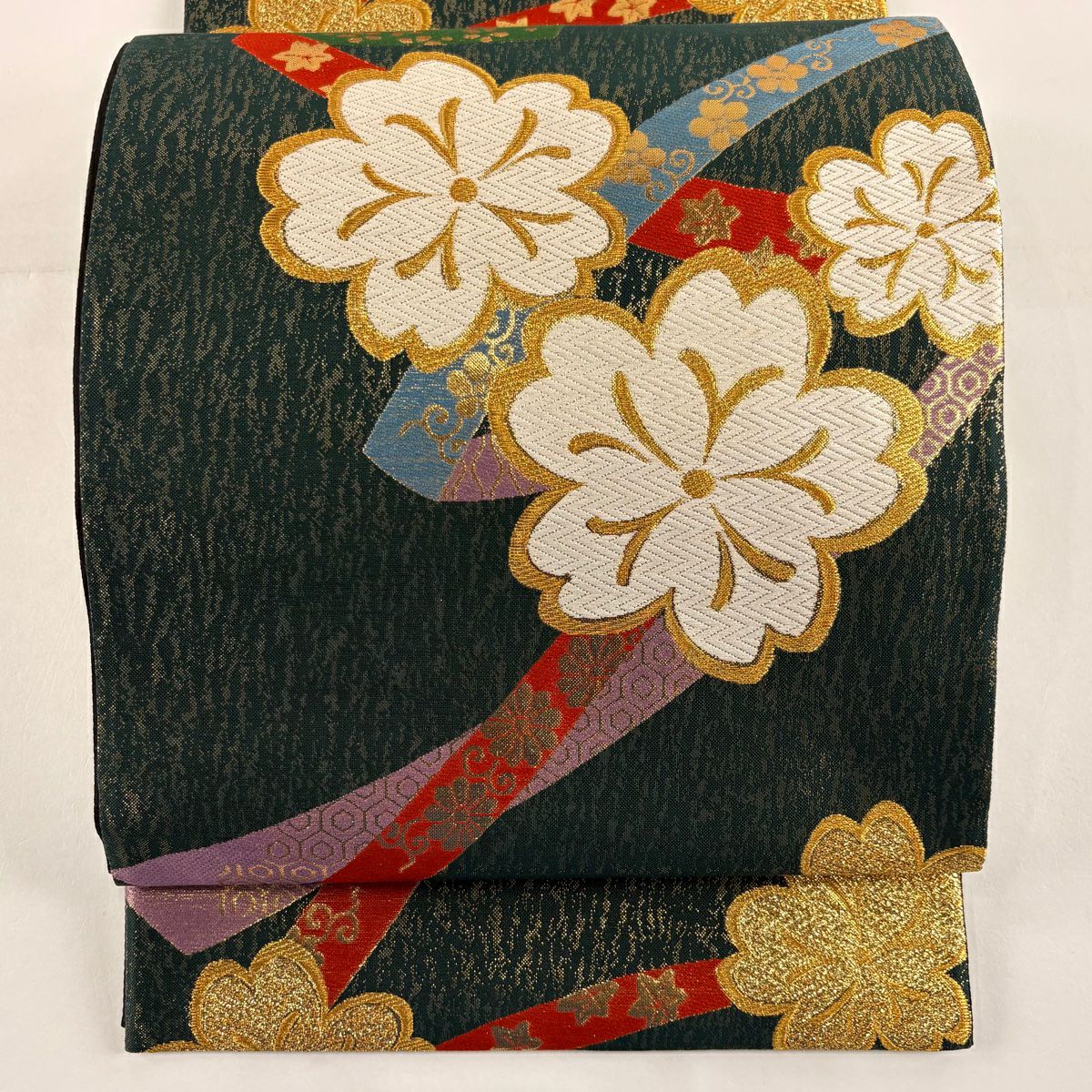 【美品】 袋帶 秀品級櫻花 菊花唐草紋 金絲 金金箔 深綠 六通 純蠶絲