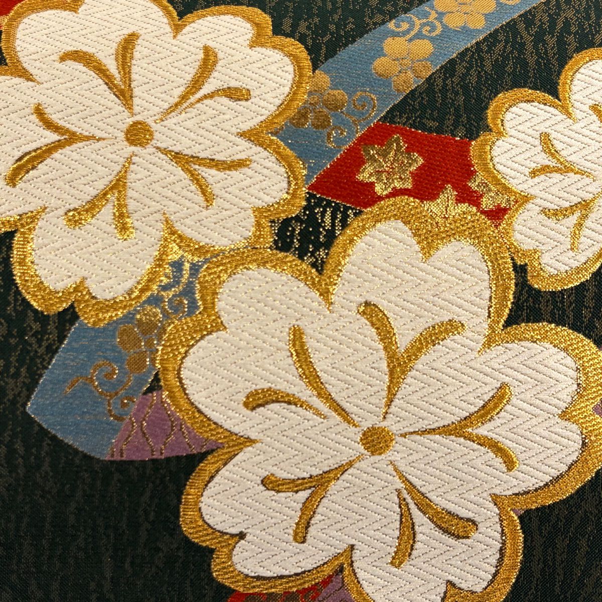 【美品】 袋帶 秀品級櫻花 菊花唐草紋 金絲 金金箔 深綠 六通 純蠶絲