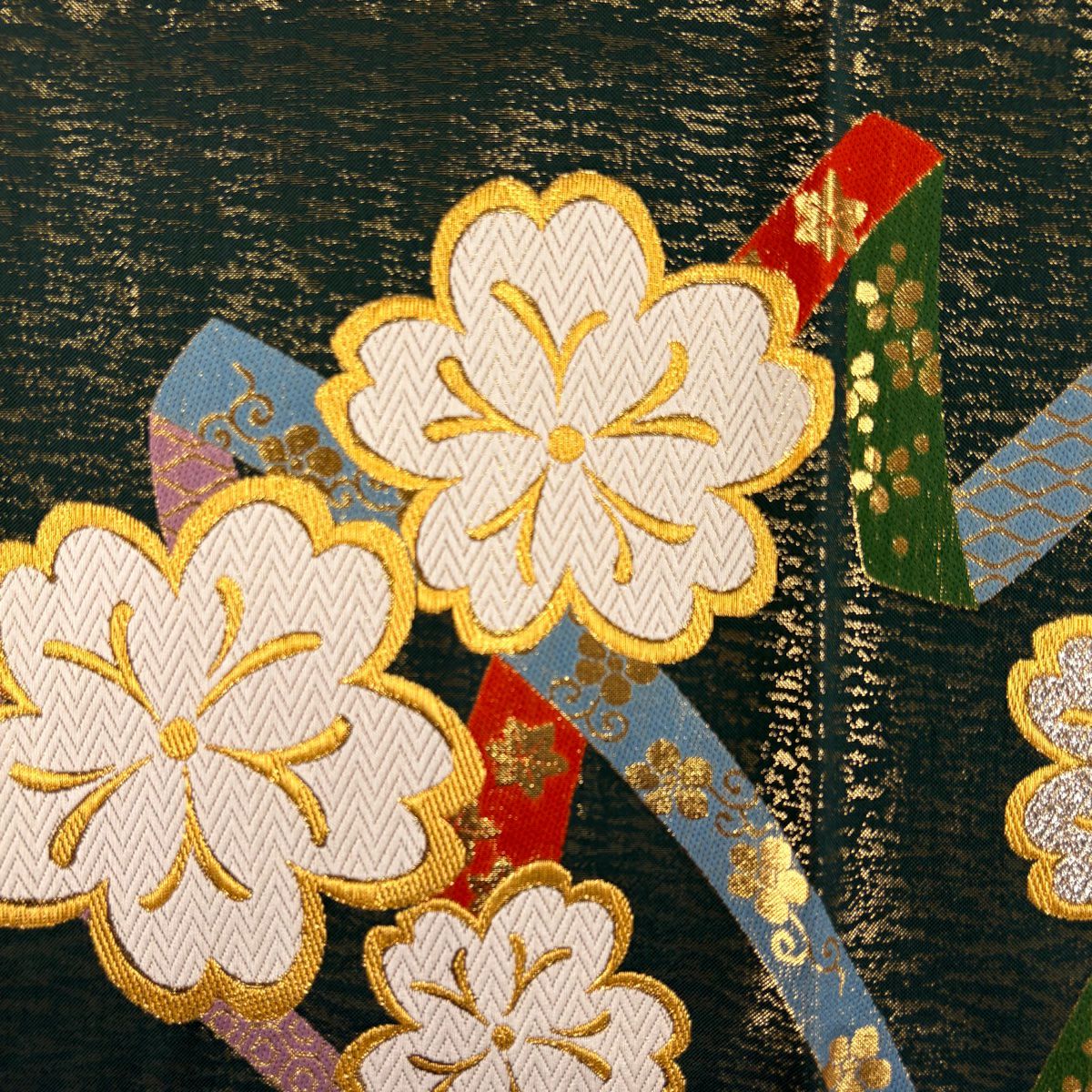 【美品】 袋帶 秀品級櫻花 菊花唐草紋 金絲 金金箔 深綠 六通 純蠶絲