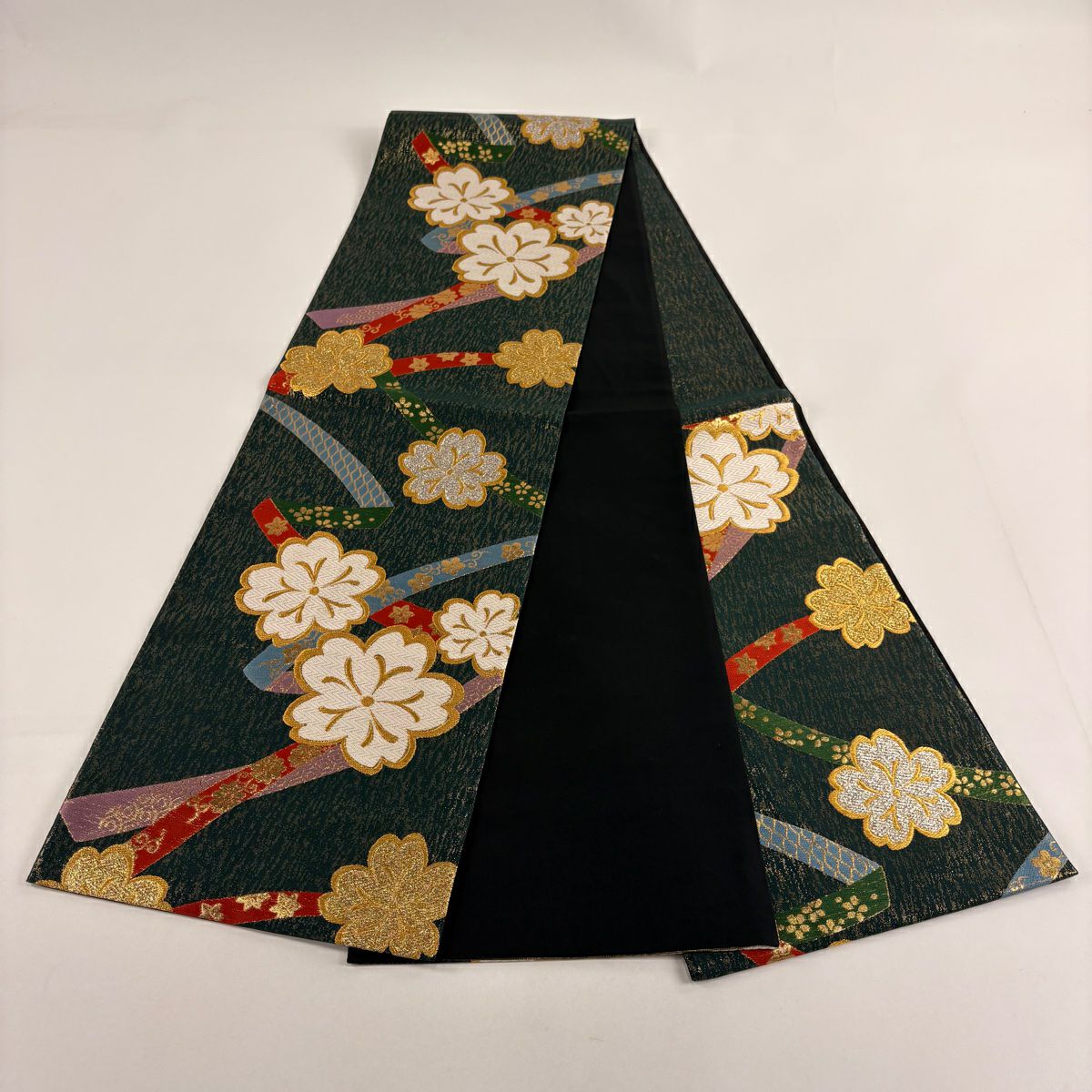 【美品】 袋帶 秀品級櫻花 菊花唐草紋 金絲 金金箔 深綠 六通 純蠶絲