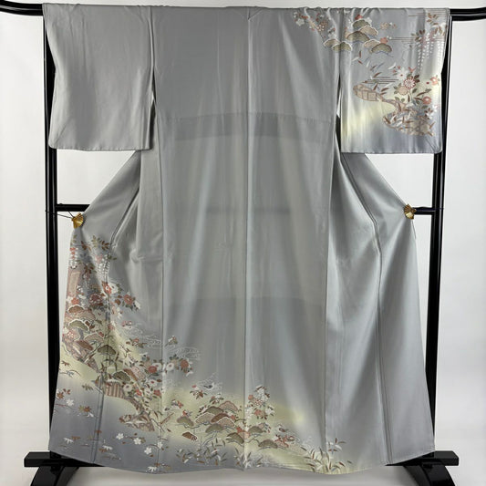 訪問服 身長160.5cm 袖長66cm M 雙層 松樹竹子梅花 鴛鴦 染分 ぼかし 灰色 純蠶絲 秀品級