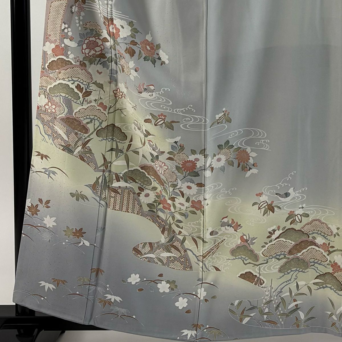 訪問服 身長160.5cm 袖長66cm M 雙層 松樹竹子梅花 鴛鴦 染分 ぼかし 灰色 純蠶絲 秀品級