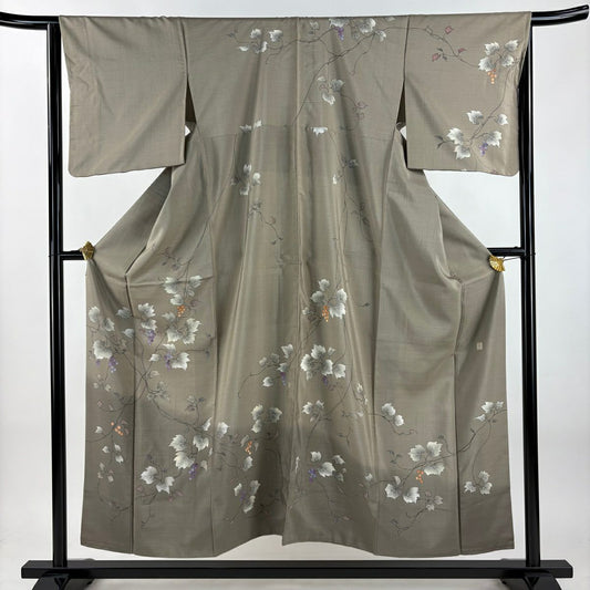 【美品】訪問服 身長155cm 袖長64cm M 雙層 紬織織 落款あり 葡萄 薄茶 純蠶絲 秀品級