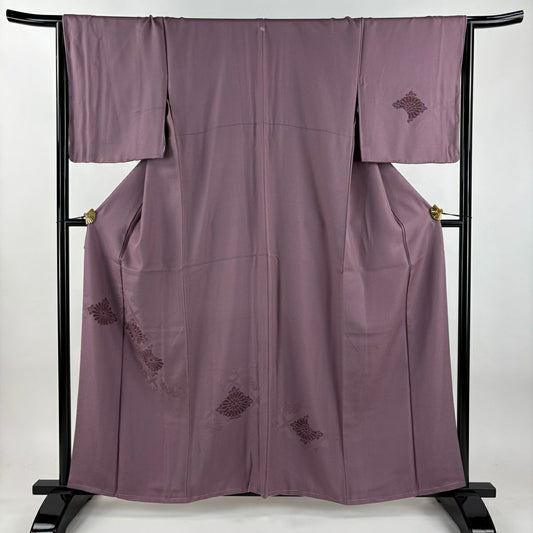 【美品】 付下 身長160.5cm 袖長66cm M 雙層 菊花 地紋 天鵝絨風 紫 純蠶絲 秀品級 一つ紋
