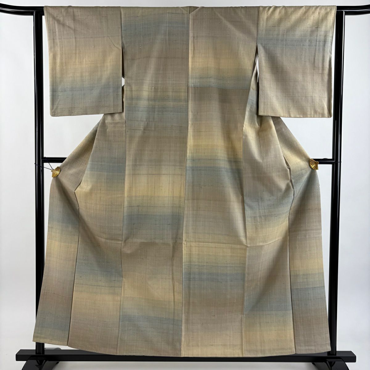 紬織 身長157.5cm 袖長62cm S 雙層 段縞 薄茶 純蠶絲 秀品級