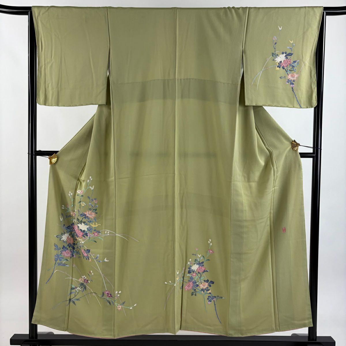 付下 身長153.5cm 袖長65cm M 雙層 岡本幸治 落款 菊花 草花紋紋 抹茶 純蠶絲 秀品級