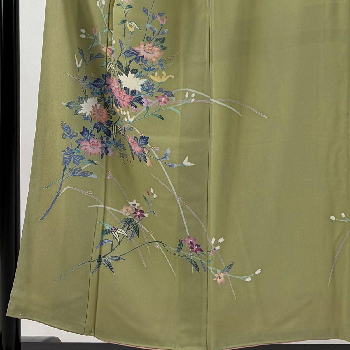 付下 身長153.5cm 袖長65cm M 雙層 岡本幸治 落款 菊花 草花紋紋 抹茶 純蠶絲 秀品級