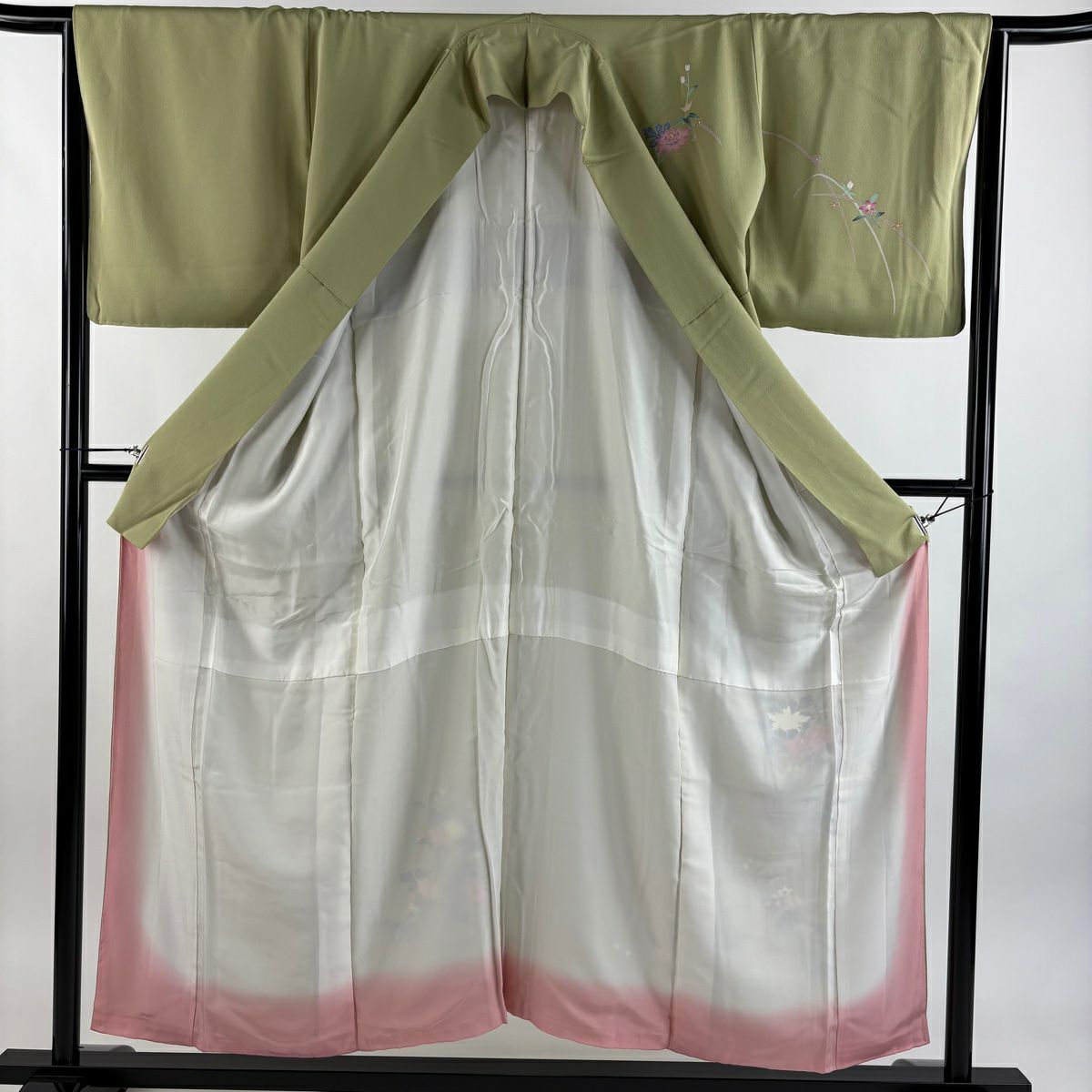 付下 身長153.5cm 袖長65cm M 雙層 岡本幸治 落款 菊花 草花紋紋 抹茶 純蠶絲 秀品級