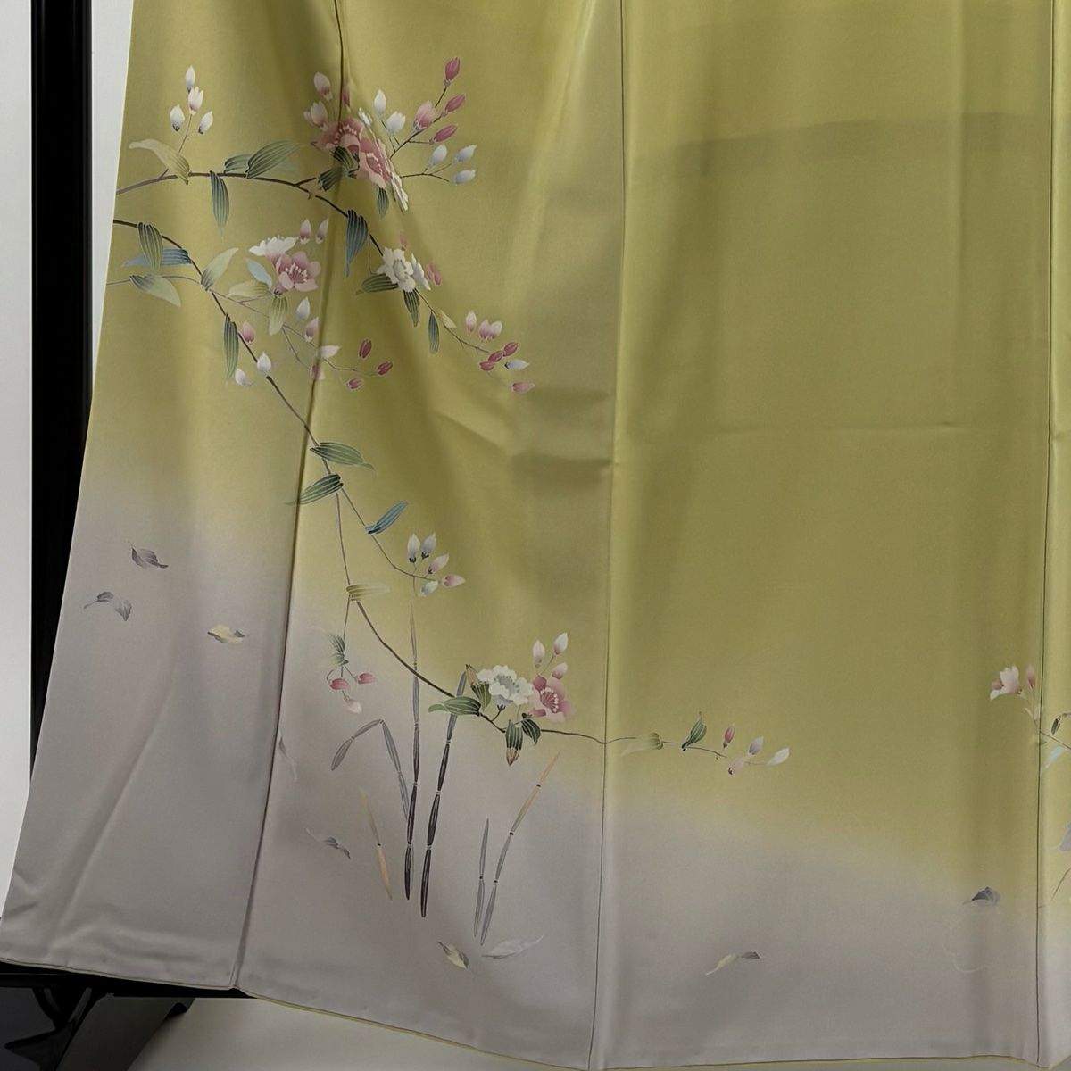 訪問服 身長161cm 袖長66.5cm M 雙層 落款あり 枝花 木賊 染分 ぼかし 抹茶 純蠶絲 秀品級