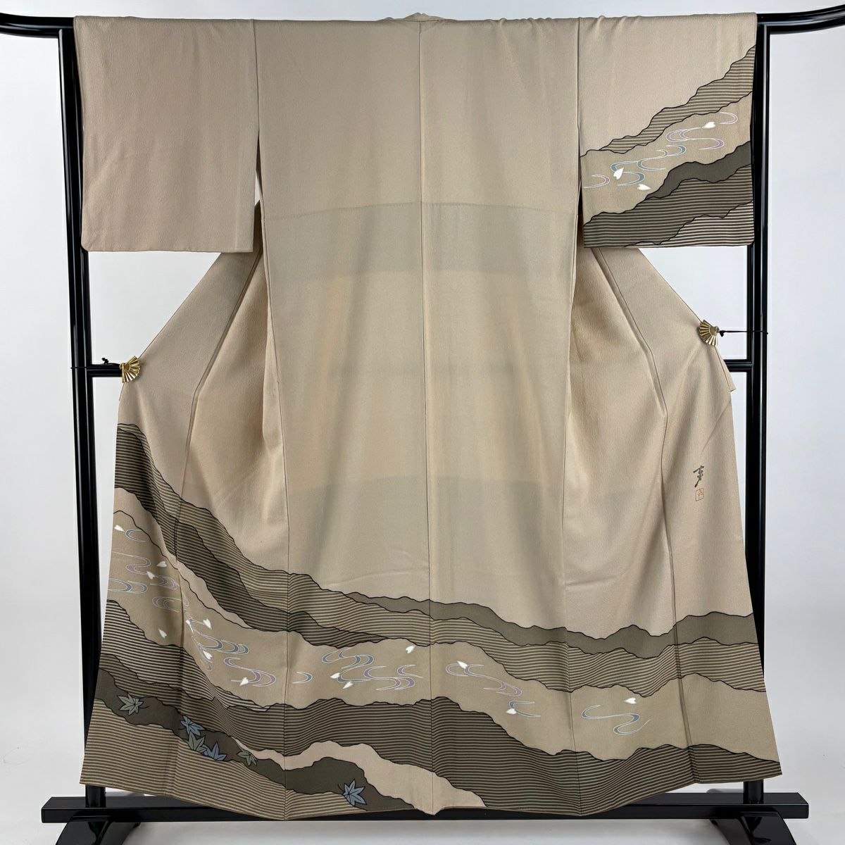 付下 身長157cm 袖長64.5cm M 雙層 大久保玄才 落款 花瓣 流水 金銀彩 米色 純蠶絲 優品級