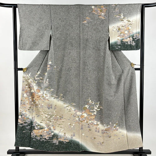 【美品】訪問服 身長156.5cm 袖長63cm S 雙層 家屋 草花紋紋 金彩裝飾 漸層 灰白 純蠶絲 秀品級