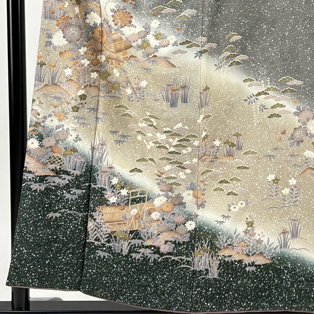 【美品】訪問服 身長156.5cm 袖長63cm S 雙層 家屋 草花紋紋 金彩裝飾 漸層 灰白 純蠶絲 秀品級
