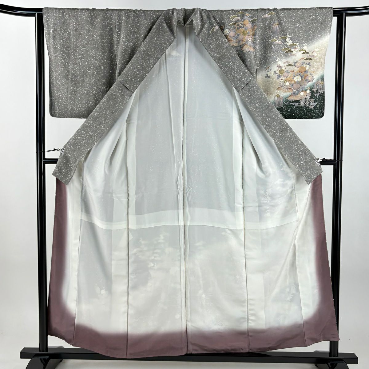 【美品】訪問服 身長156.5cm 袖長63cm S 雙層 家屋 草花紋紋 金彩裝飾 漸層 灰白 純蠶絲 秀品級