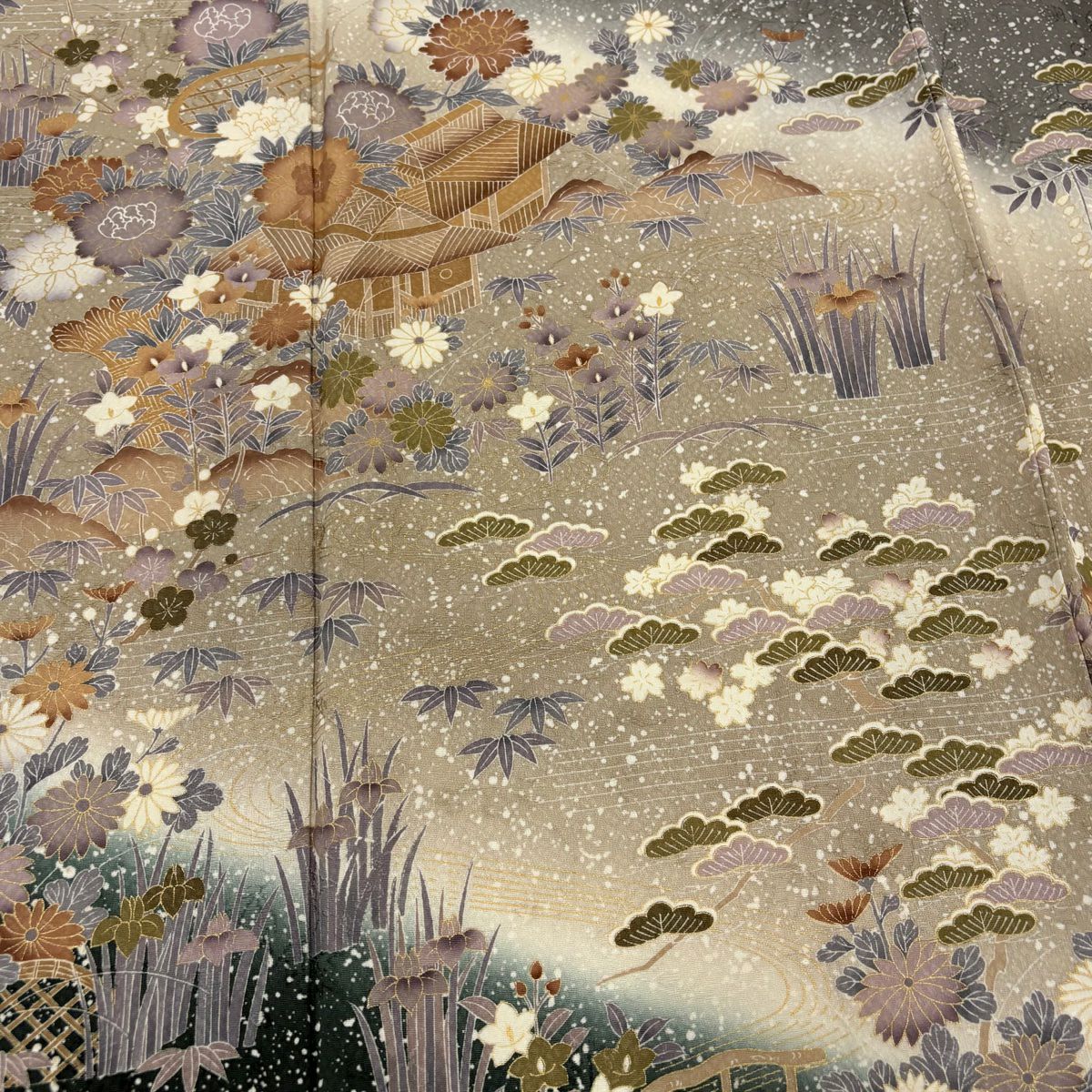 【美品】訪問服 身長156.5cm 袖長63cm S 雙層 家屋 草花紋紋 金彩裝飾 漸層 灰白 純蠶絲 秀品級