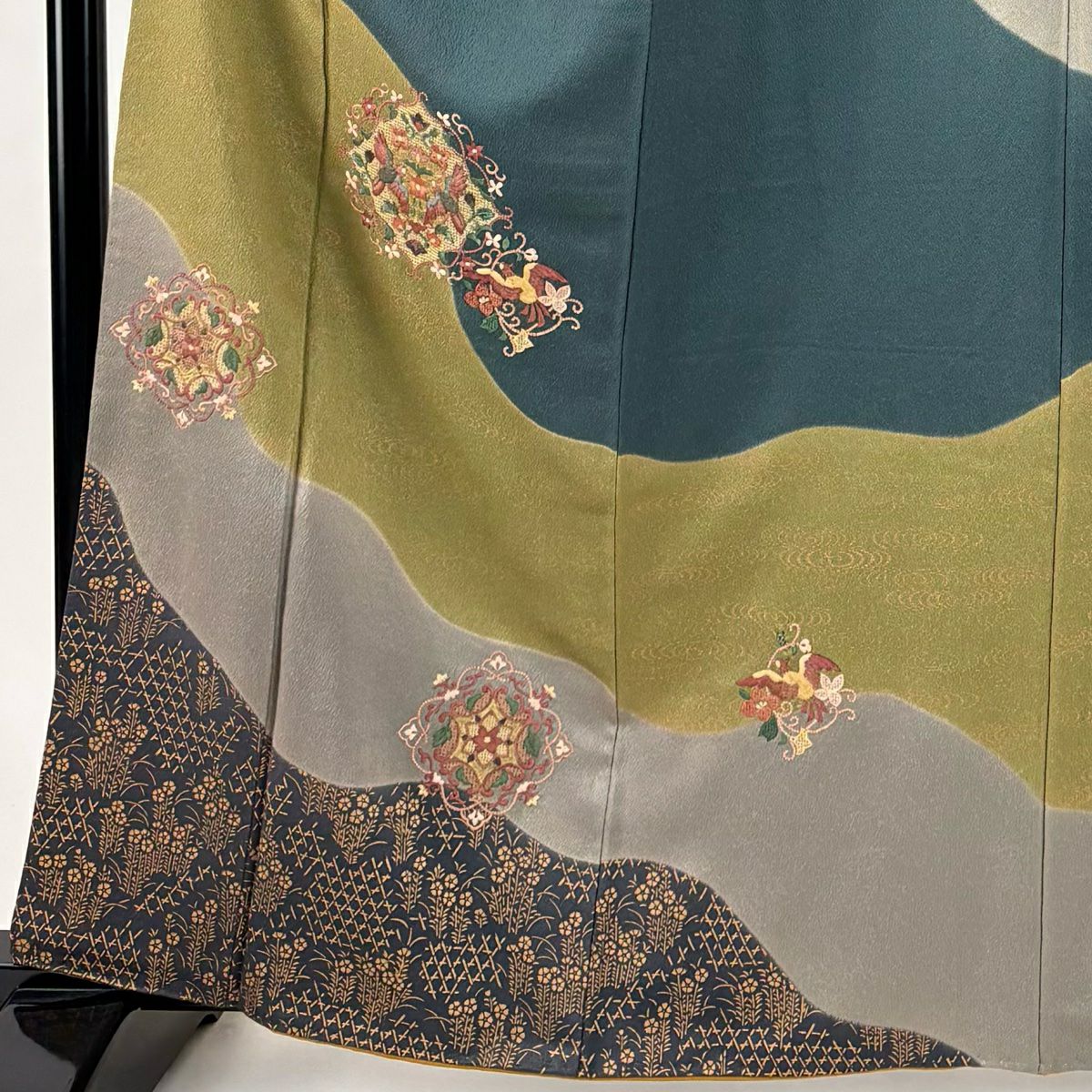 訪問服 身長162cm 袖長66cm M 雙層 華紋 鳥 刺繡 金彩裝飾 鶯 純蠶絲 秀品級