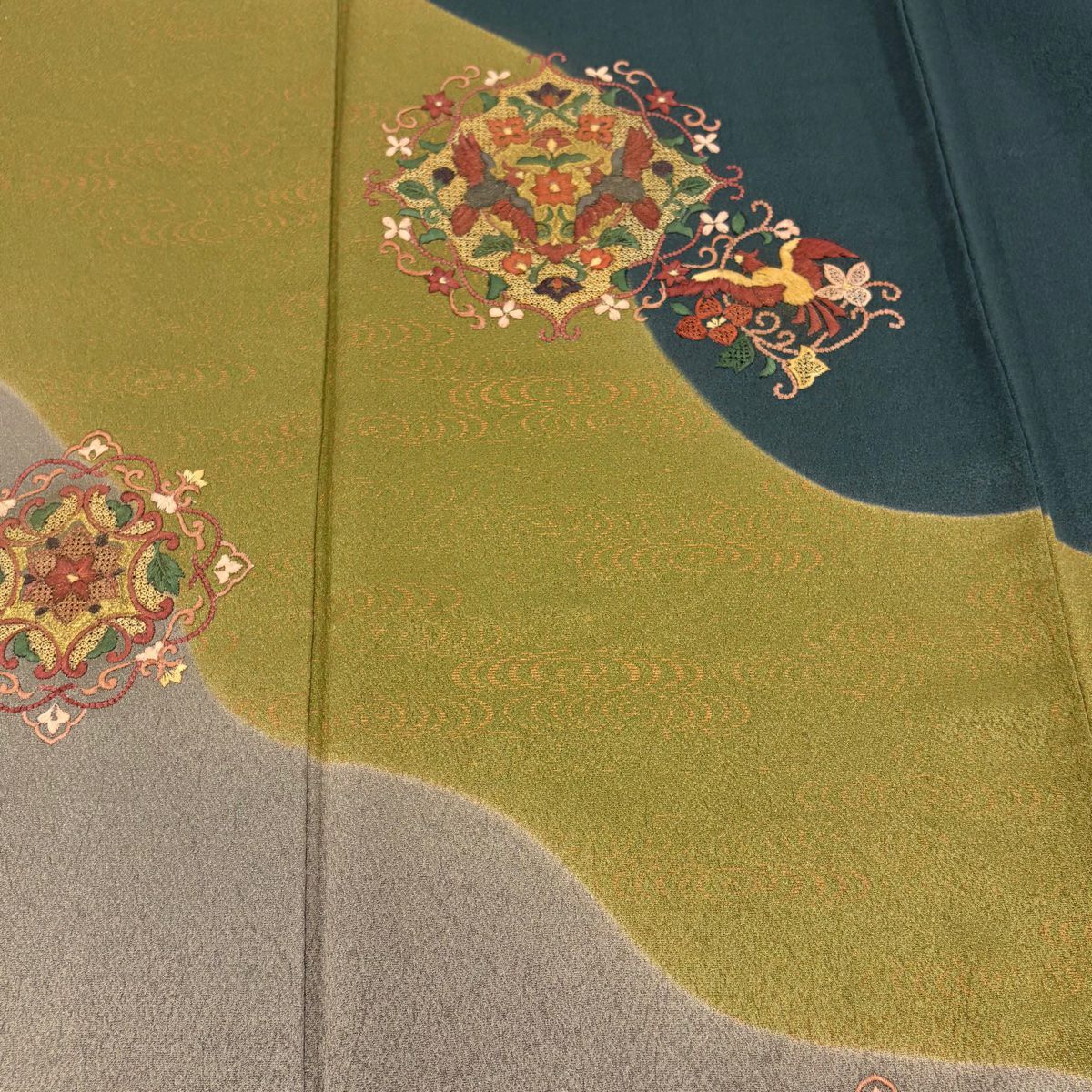 訪問服 身長162cm 袖長66cm M 雙層 華紋 鳥 刺繡 金彩裝飾 鶯 純蠶絲 秀品級