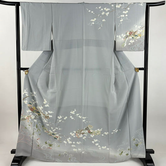 訪問服 身長166cm 袖長63cm S 雙層 大和 布料 枝梅花 漸層 青灰 純蠶絲 優品級