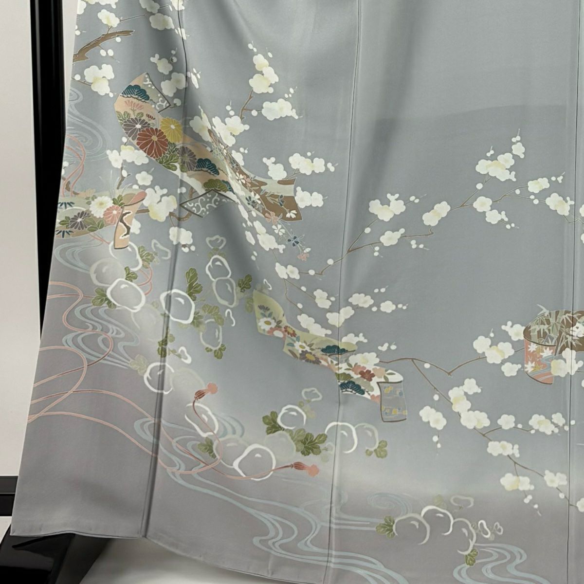 訪問服 身長166cm 袖長63cm S 雙層 大和 布料 枝梅花 漸層 青灰 純蠶絲 優品級