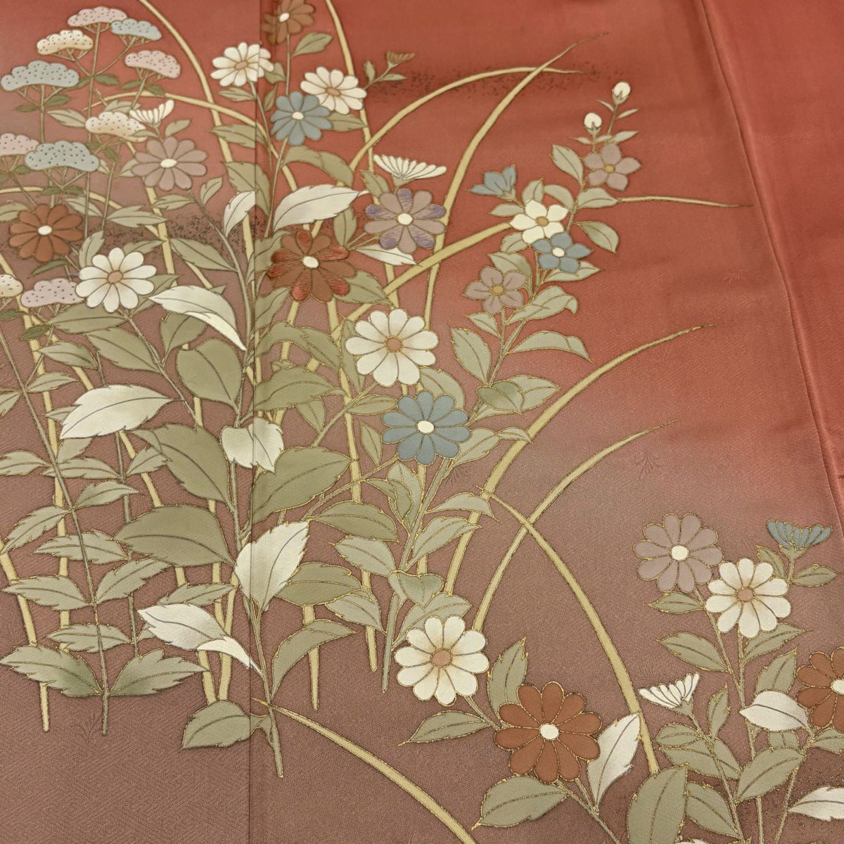 訪問服 身長158cm 袖長64cm M 雙層 菊花 女郎花 金銀彩 漸層 橙色 純蠶絲 優品級