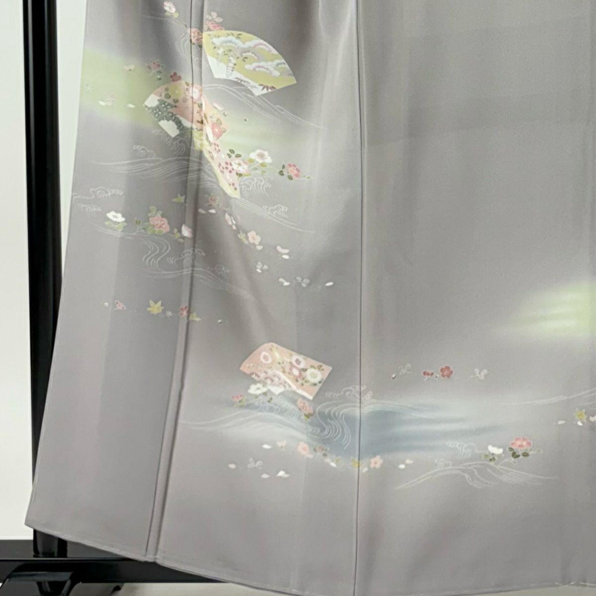 付下 身長159cm 袖長63cm S 雙層 落款有 扇子面 流水 漸變 灰紫 純蠶絲 優品級