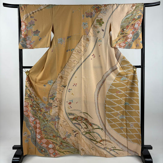 訪問服 身長167cm 袖長66cm M 雙層 雪芝 寶盡くし 金銀彩 淺茶 純蠶絲 優品級