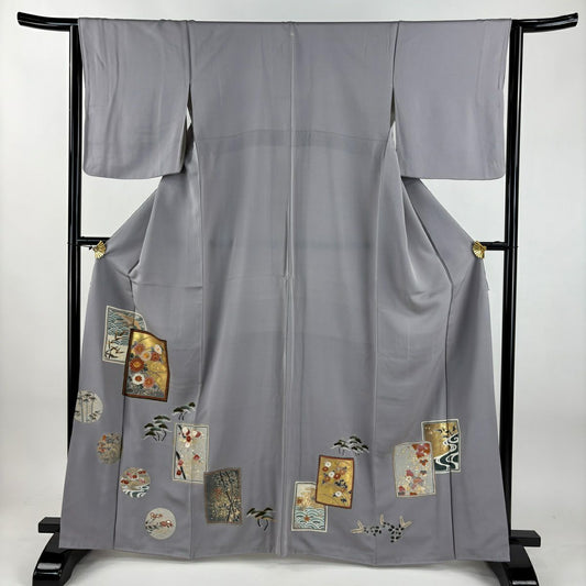 付下 身長164cm 袖長63.5cm S 雙層 松樹竹子梅花 菊花 金絲 金銀彩 灰紫 純蠶絲 秀品級 一つ紋