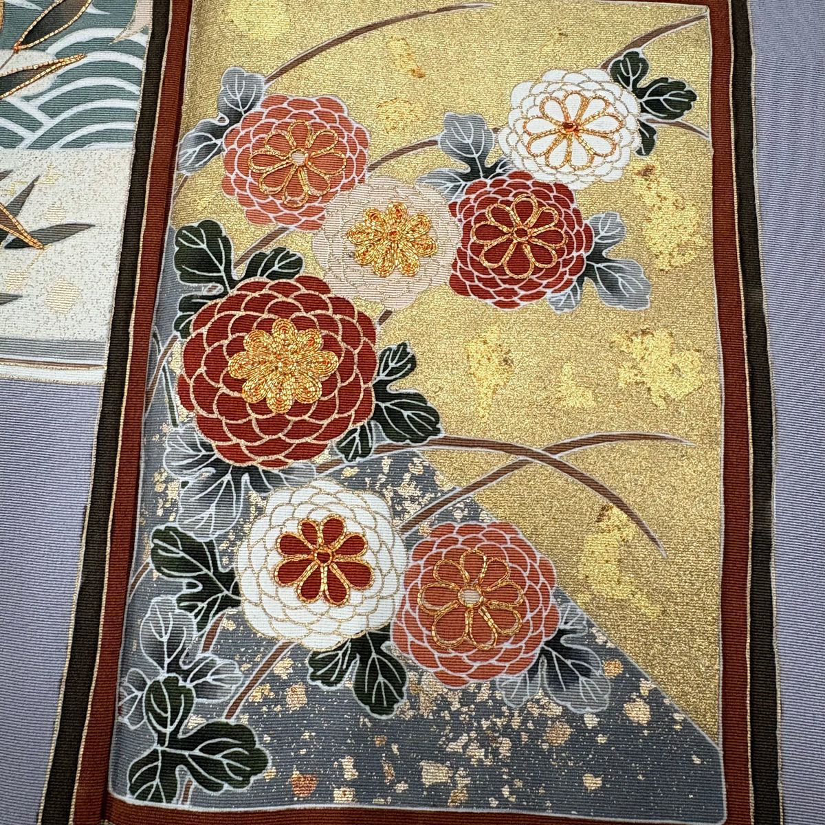 付下 身長164cm 袖長63.5cm S 雙層 松樹竹子梅花 菊花 金絲 金銀彩 灰紫 純蠶絲 秀品級 一つ紋