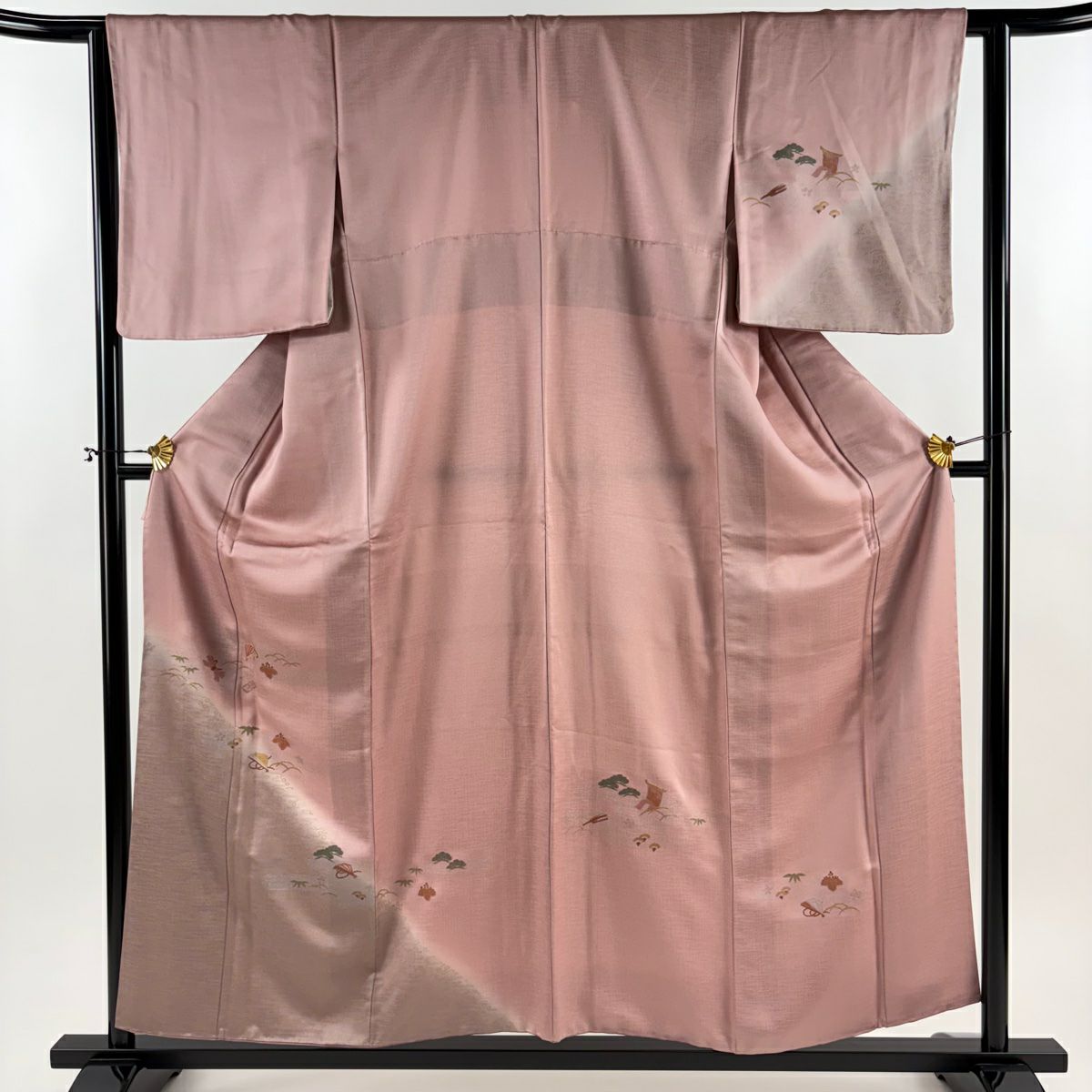 【美品】 付下 身長157cm 袖長62.5cm S 雙層 松樹竹子梅花 扇子 金銀彩 漸層 粉色 純蠶絲 優品級