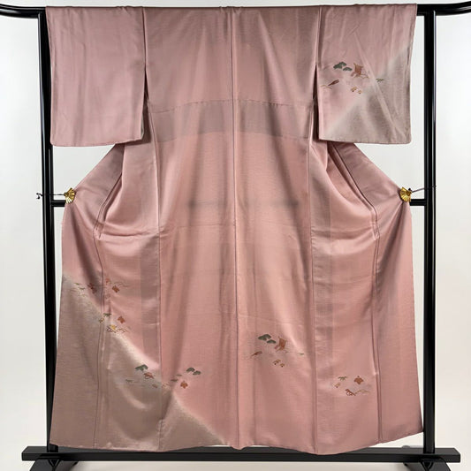 【美品】 付下 身長157cm 袖長62.5cm S 雙層 松樹竹子梅花 扇子 金銀彩 漸層 粉色 純蠶絲 優品級