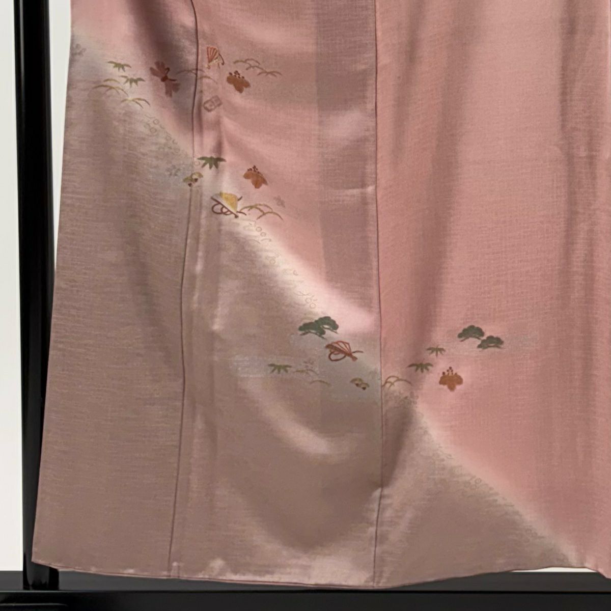 【美品】 付下 身長157cm 袖長62.5cm S 雙層 松樹竹子梅花 扇子 金銀彩 漸層 粉色 純蠶絲 優品級