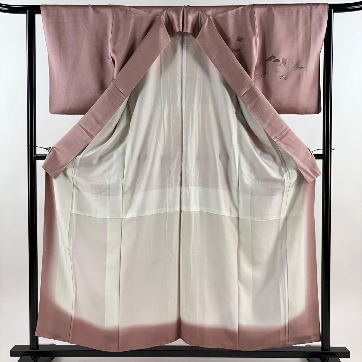 【美品】 付下 身長157cm 袖長62.5cm S 雙層 松樹竹子梅花 扇子 金銀彩 漸層 粉色 純蠶絲 優品級