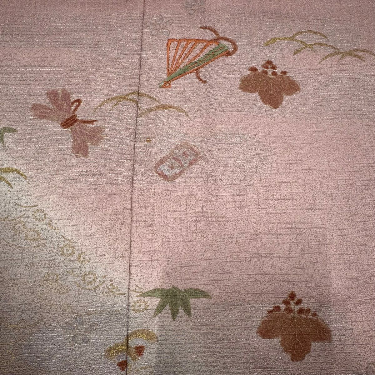 【美品】 付下 身長157cm 袖長62.5cm S 雙層 松樹竹子梅花 扇子 金銀彩 漸層 粉色 純蠶絲 優品級