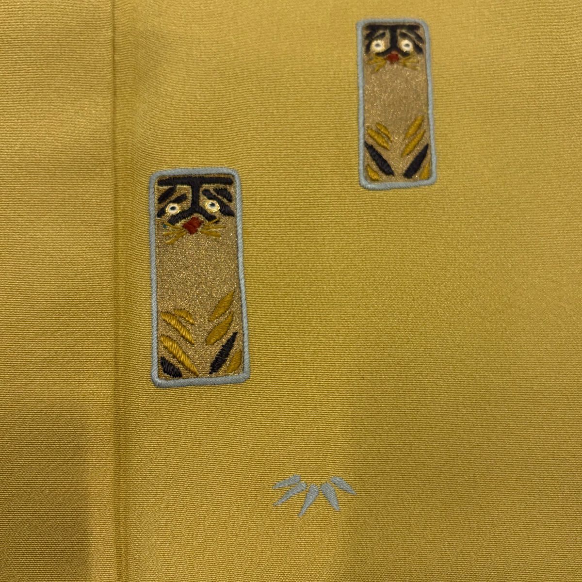 付下 身長161cm 袖長66cm M 雙層 竹子 動物 刺繡 金彩裝飾 芥末黃 純蠶絲 優品級