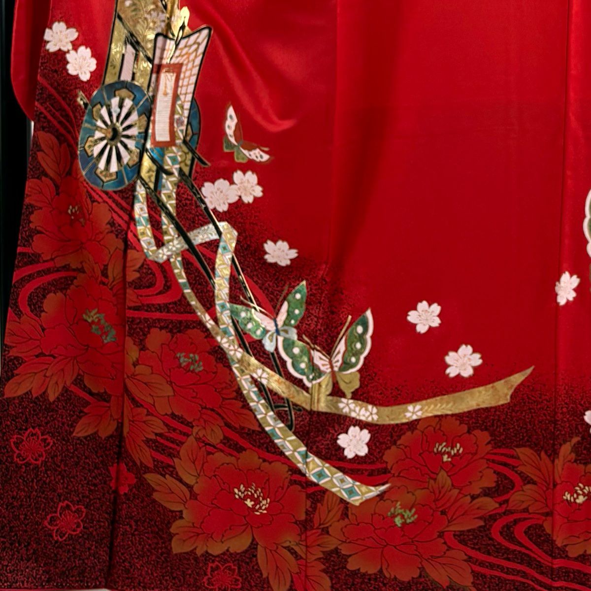 振袖禮服 身長163cm 袖長69cm L 雙層 御所車 牡丹 金銀彩 紅 純蠶絲 秀品級
