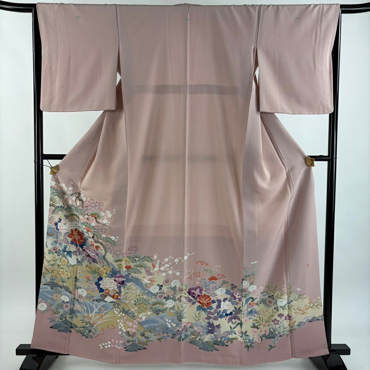 色留袖禮服 身長163cm 袖長65.5cm M 雙層 落款あり 松樹竹子梅花 鴛鴦 漸層 薄粉紅 純蠶絲 秀品級 三つ紋