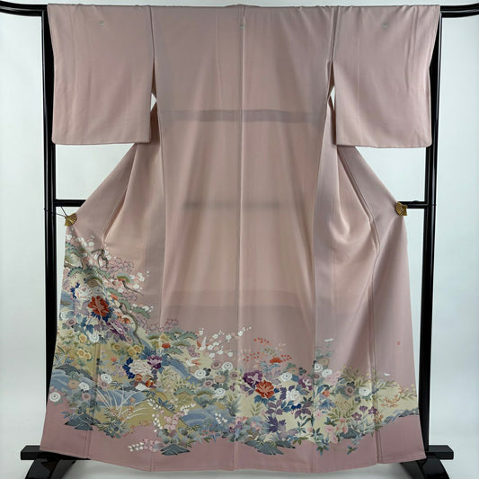 色留袖禮服 身長163cm 袖長65.5cm M 雙層 落款あり 松樹竹子梅花 鴛鴦 漸層 薄粉紅 純蠶絲 秀品級 三つ紋