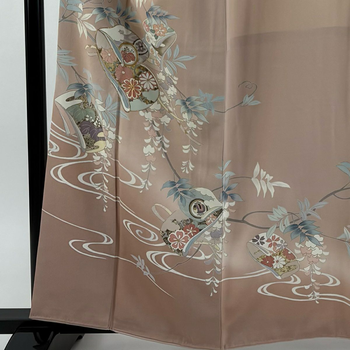 訪問服 身長161cm 袖長66cm M 雙層 落款あり 誰か袖 藤 金銀彩 漸層 粉米色 純蠶絲 優品級