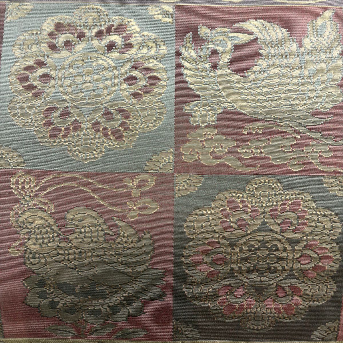 【美品】 名古屋帶 優品級 華紋 花鳥 金金箔 灰綠 純蠶絲