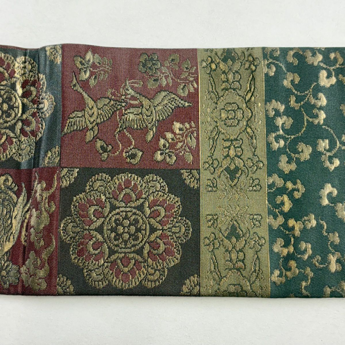 【美品】 名古屋帶 優品級 華紋 花鳥 金金箔 灰綠 純蠶絲
