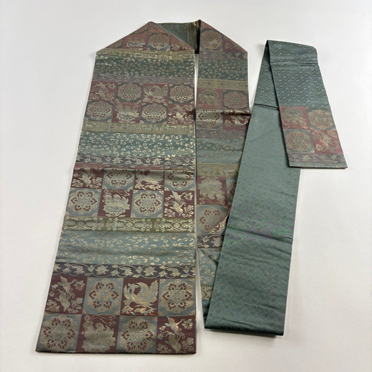 【美品】 名古屋帶 優品級 華紋 花鳥 金金箔 灰綠 純蠶絲