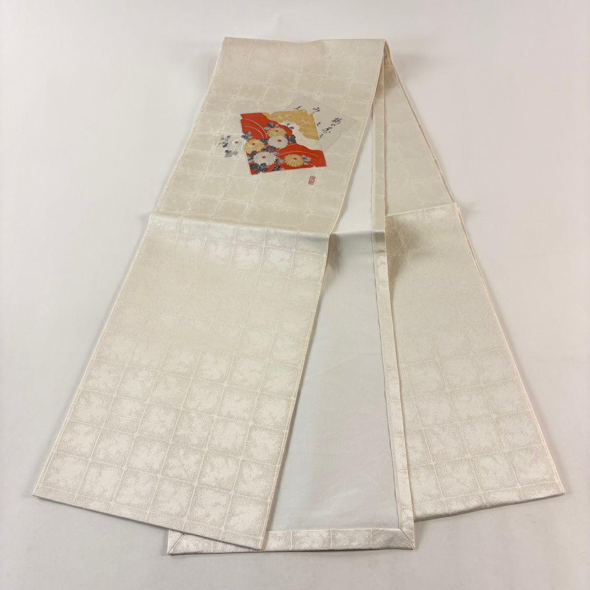 【美品】 開口名古屋帶 優品級 附有落款 鈴乃屋 破損色紙 菊花花 金銀線 灰白 純蠶絲