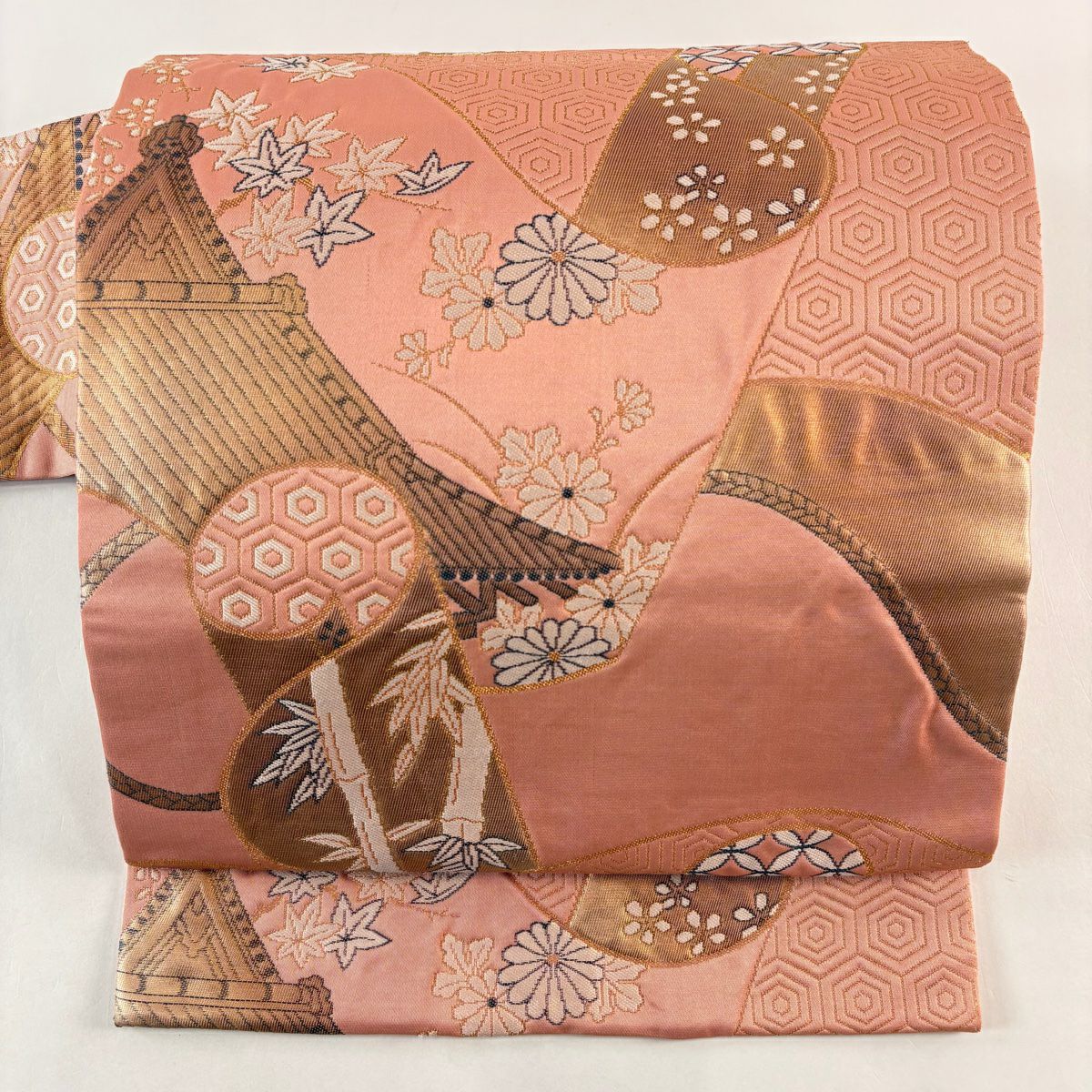 【美品】 名古屋帶 優品級 建築 草花紋紋 金糸 金金箔 粉紅 純蠶絲