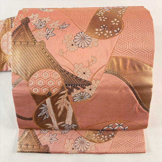 【美品】 名古屋帶 優品級 建築 草花紋紋 金糸 金金箔 粉紅 純蠶絲