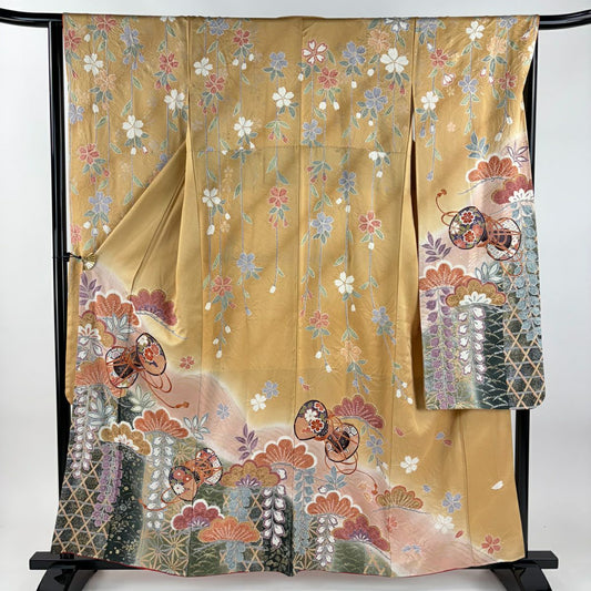振袖禮服 身長160.5cm 袖長65cm M 雙層 鼓 松樹 絞染 金銀彩 薄茶 純蠶絲 秀品級