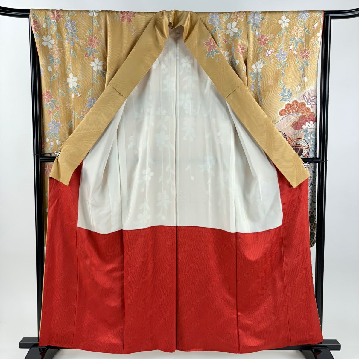 振袖禮服 身長160.5cm 袖長65cm M 雙層 鼓 松樹 絞染 金銀彩 薄茶 純蠶絲 秀品級