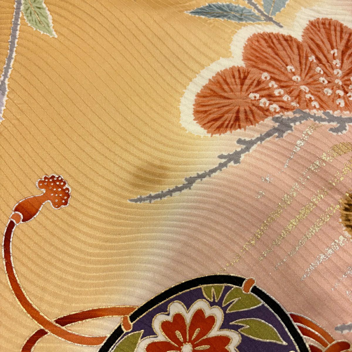 振袖禮服 身長160.5cm 袖長65cm M 雙層 鼓 松樹 絞染 金銀彩 薄茶 純蠶絲 秀品級